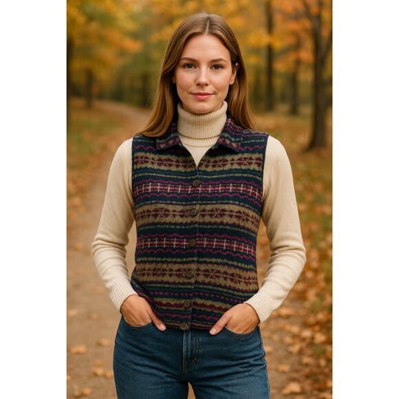 Chaps Denim Fair Isle Knit Sweater Vest 2X Button Nordic Winter Cottagecore - Picture 1 of 6